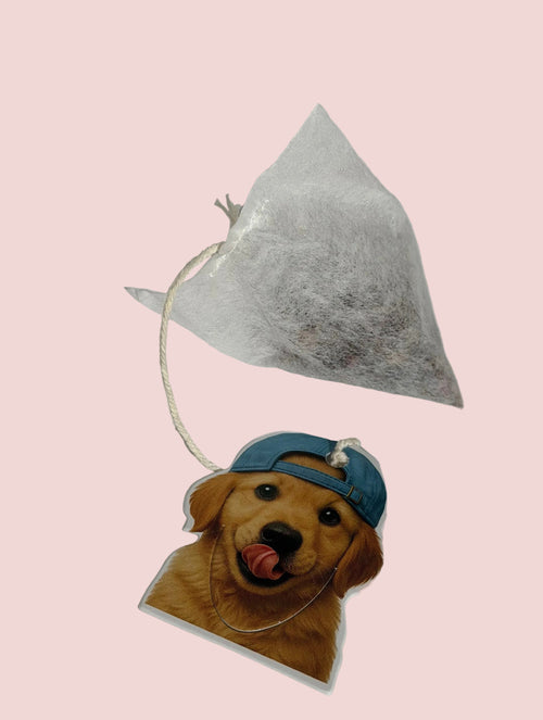 A single tea bag with a tag of a golden retriever